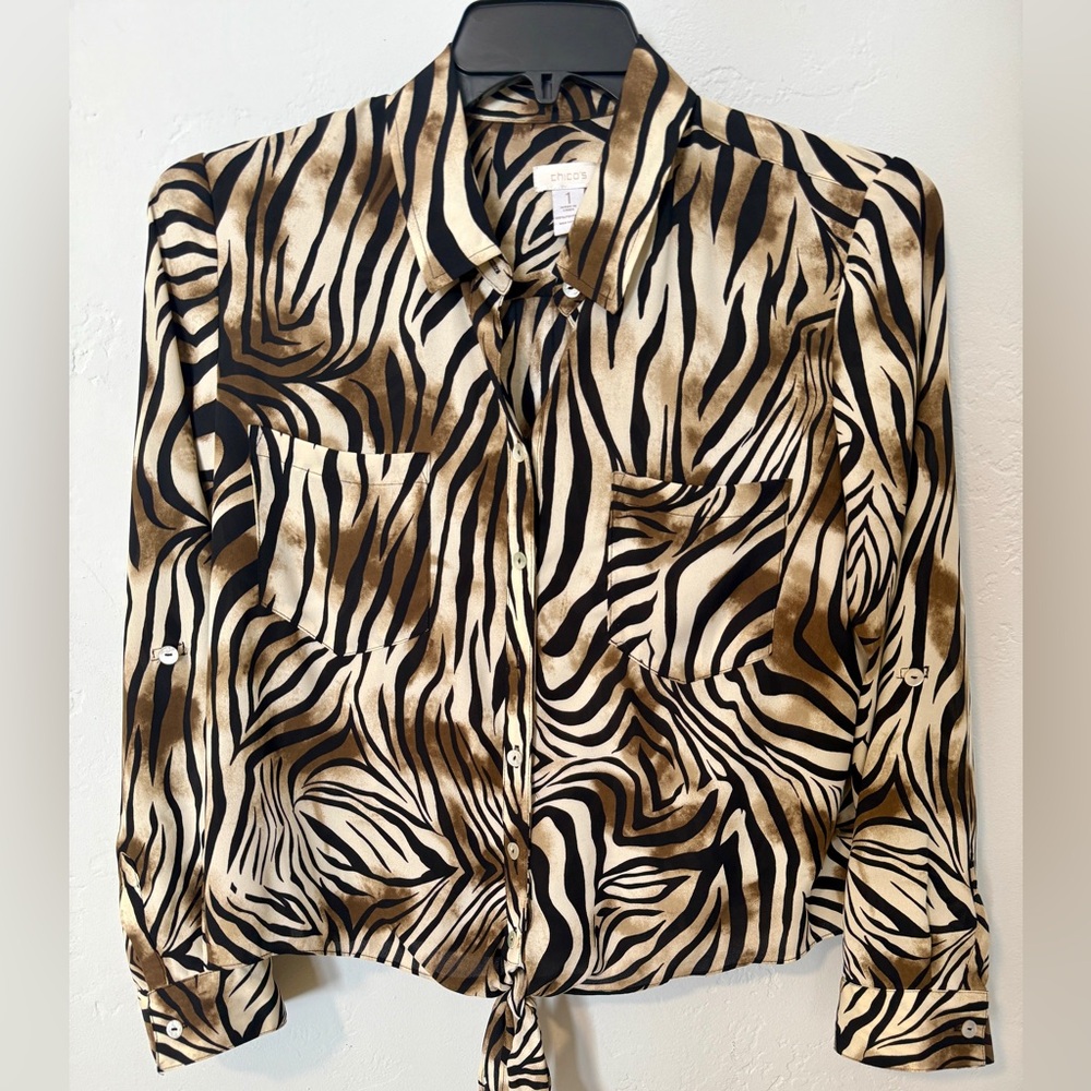 Chico's Black, Brown and Cream Animal Print Button-Down Shirt